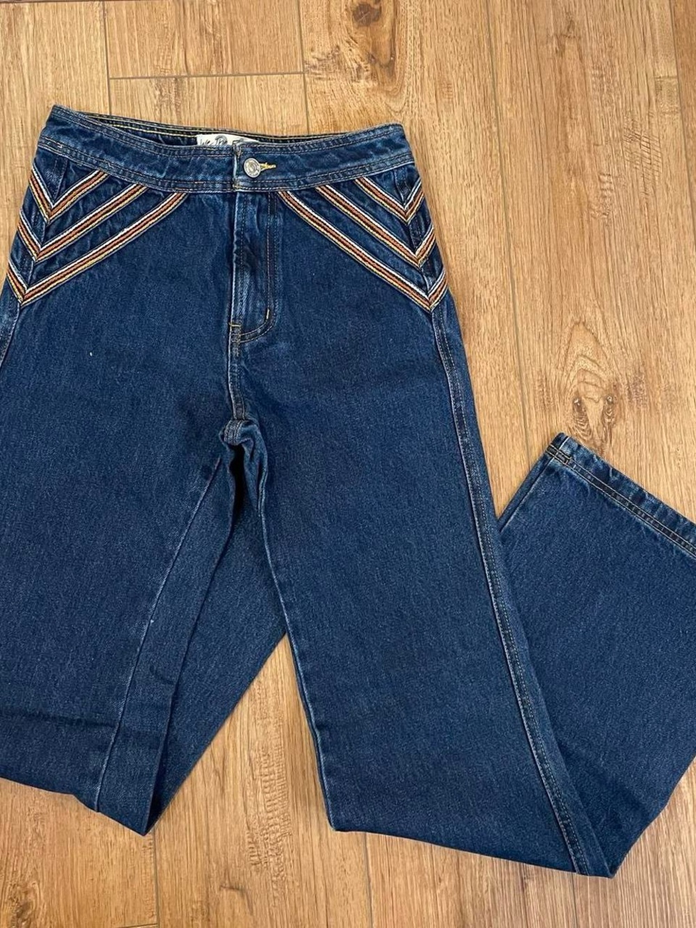 We The Free Dark Blue Straight-Leg Jeans with Chevron Embroidery